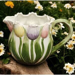 Fitz and Floyd Omnibus Tulip Pitcher 1990 Yellow Pink Purple Green Handpainted